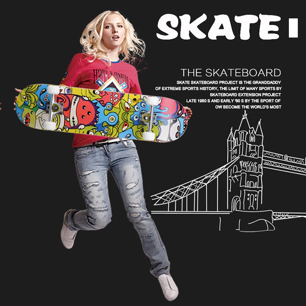 

31-дюймовый скейтборд, дорожный скейтборд для взрослых, уличный Кленовый Скейтборд с двойным наклоном и четырьмя колесами для начинающих, дв...