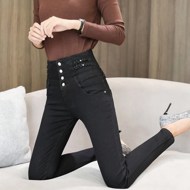 2020 зимние теплые толстые женские джинсы с высокой талией узкие для мам черного