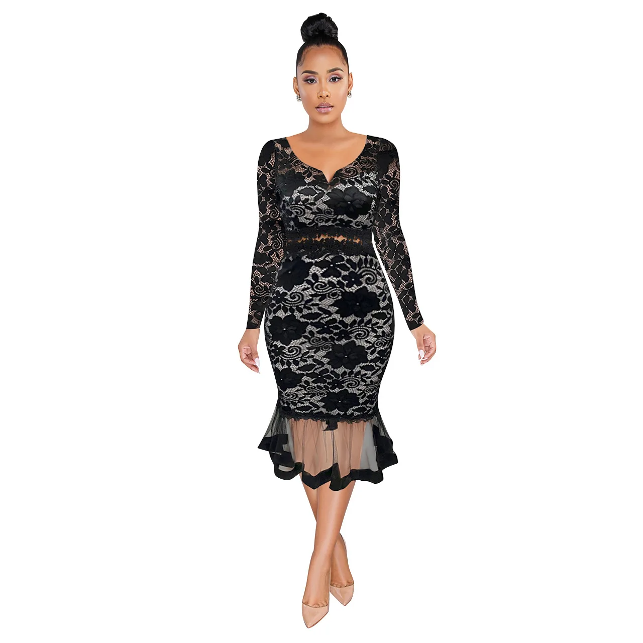 

Women's wear European and American sexy small V-Neck long sleeve lace fishtail skirt perspective dress