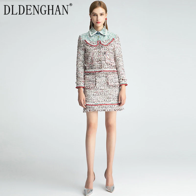 

DLDENGHAN Fashion Multicolor Tweed Set Long Sleeve Pearl Buttons Jacket Coat + Tassel Skirt Two-Piece Suit Designer Women'sNew