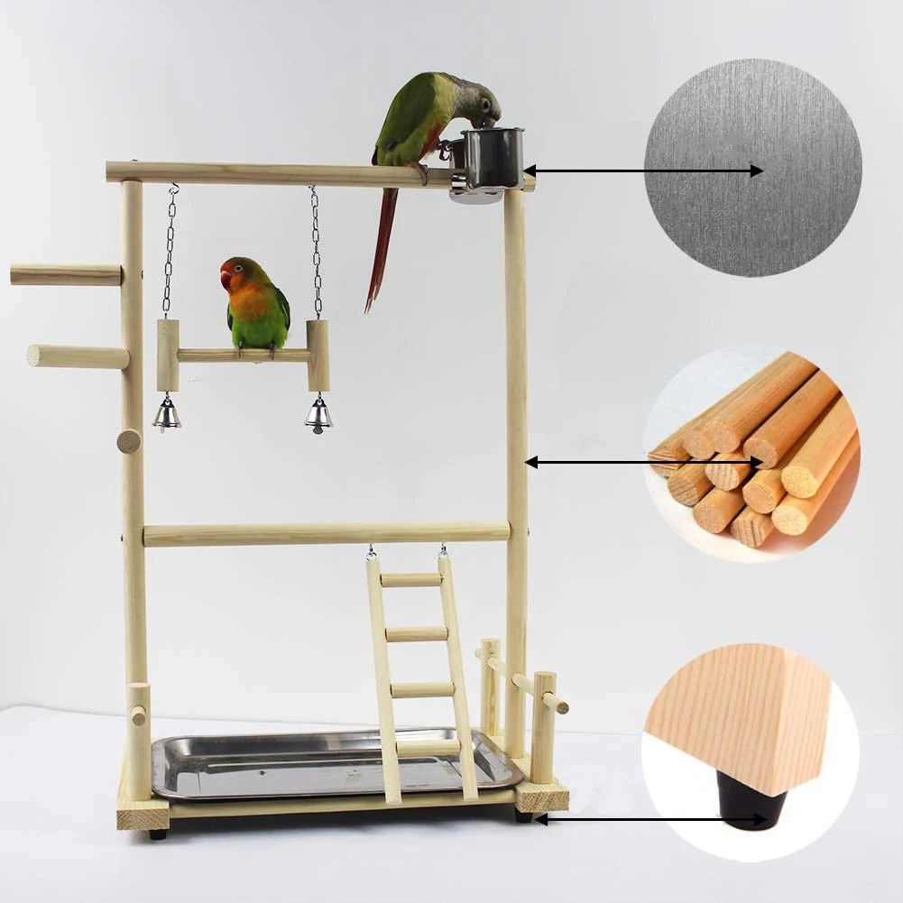 

Parrot Birds Solid Wood Toy Swing Ladder Shelf Double Layer Wooden Bird Stand With Bird Feeder And Tray Pet Bird Accessories