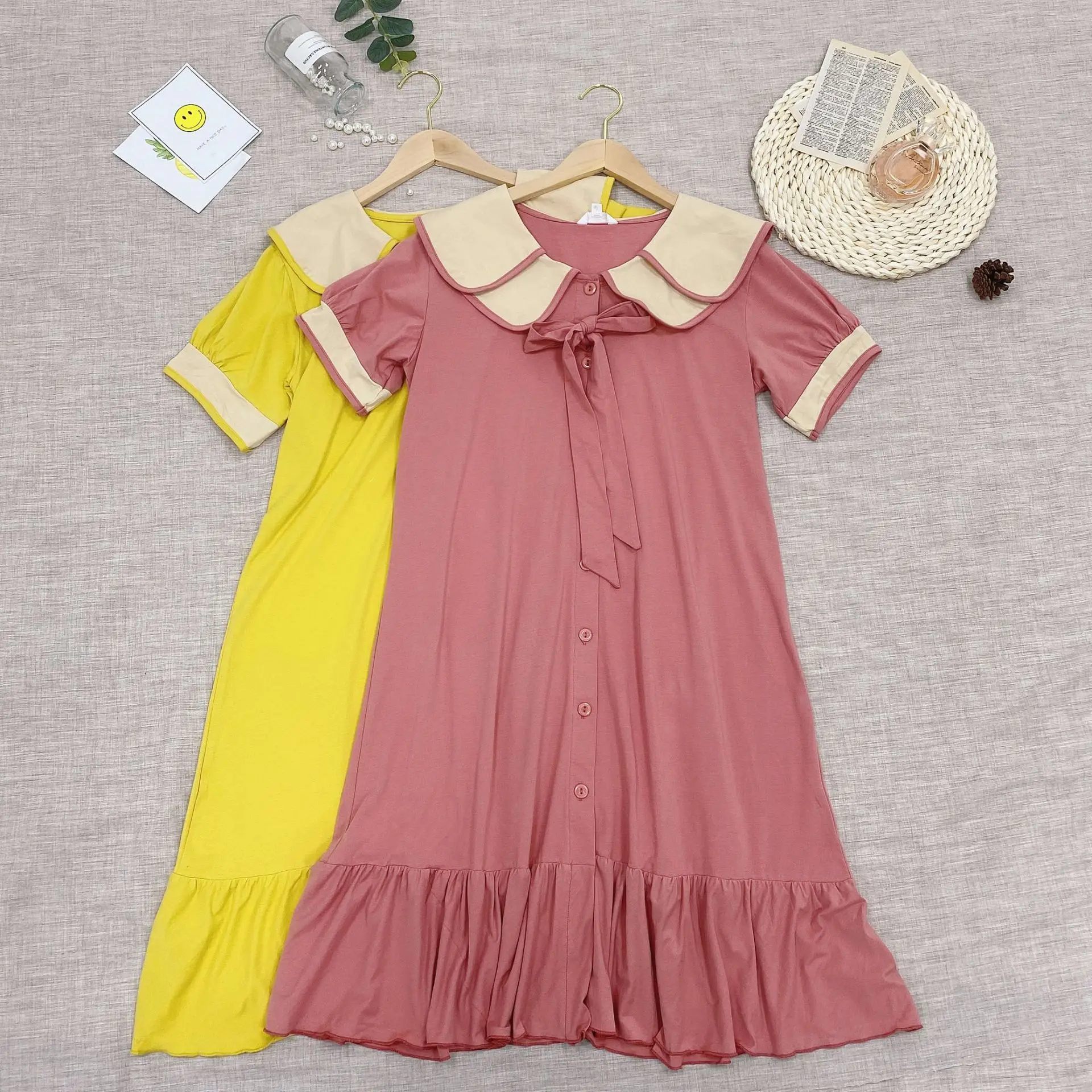 

Summer Ins Women Sleepwear Double Layer Doll Collar Contrasting Color Sweet Nightdress Night Gown
