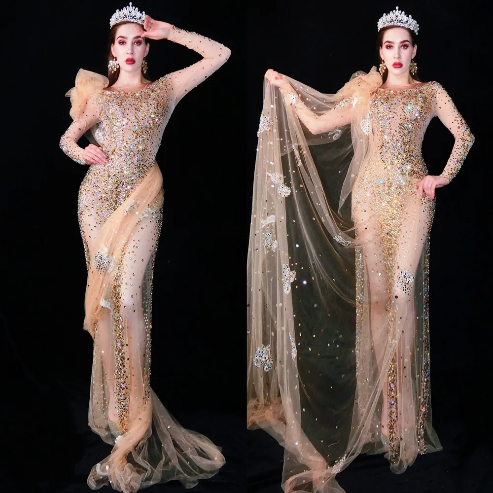 

Mesh Perspective Crystals Evening Long Dress Women Sexy See Through Wedding Party Rhinestone Dress Goddess Singer Stage Outfits