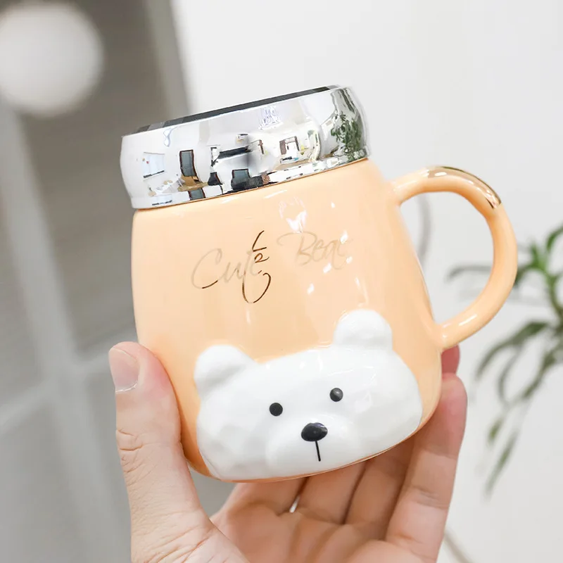 

450ml Creative Cartoon Mirror Cup Embossed Bear Ceramic Cups Couple Tea Mug Lady Office Coffee Mugs