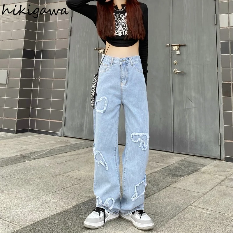 

Hikigawa Fashion Raw Edge Heart Patch Jeans Women 2021 Vintage Streetwear Loose Straight Trousers Korean Outer Wear Denim Pants