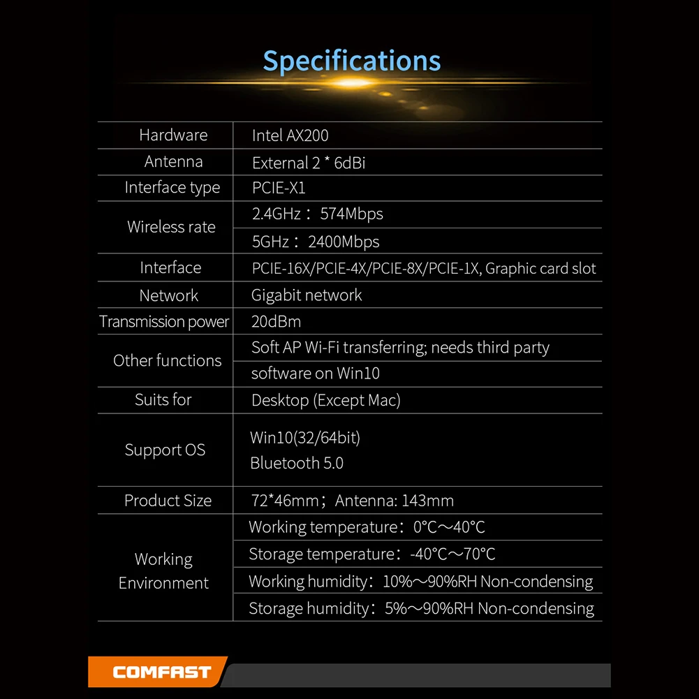 

COMFAST AX200 PCIE X1 Dual Band Wireless Network Card 2.4GHz 5GHz Bluetooth WiFi Adapter Receiver with Antenna for Intel AX200