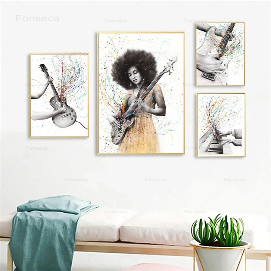 Пианино красочные ноты Настенная картина крутая девушка играть гитарные плакаты