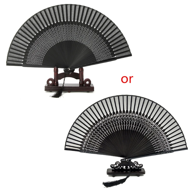 

Elegant Carved Hand Held Folding Fans Bamboo Wood Silk Folding Fans For Events