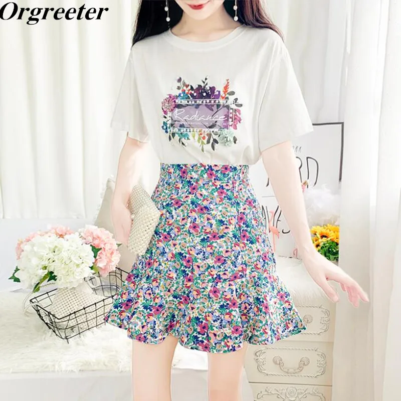 Лето 2020 новинка Милая футболка с принтом бусинами и юбка рыбий хвост цветочным