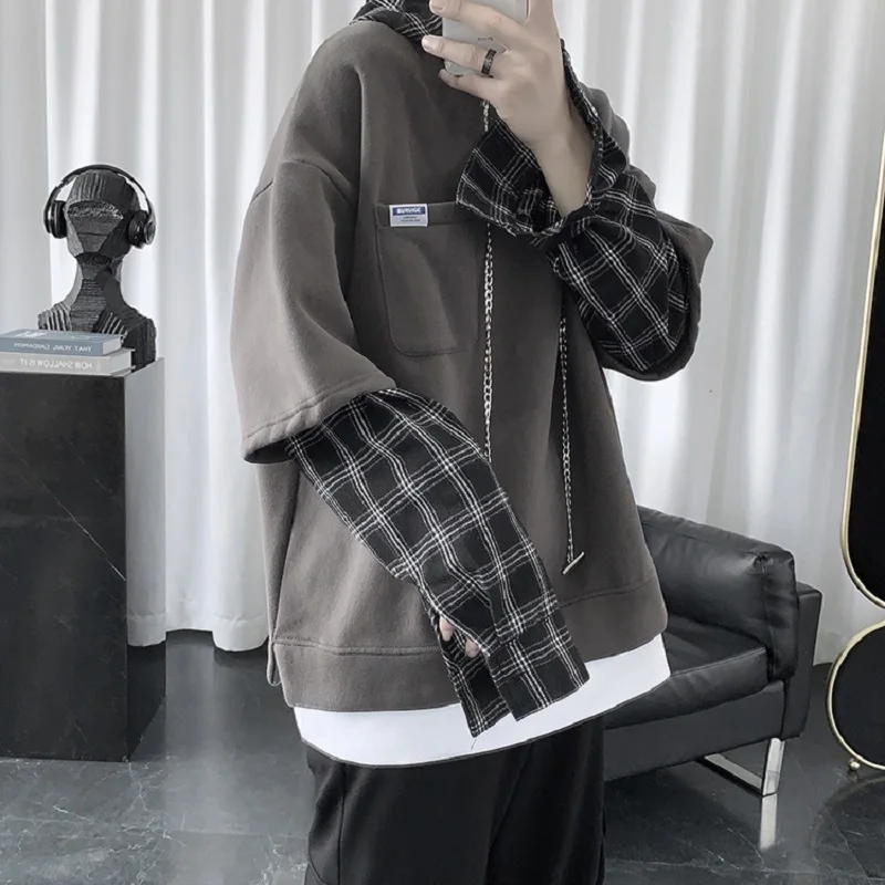 

Men's Hoodie Autumn Korean Plaid Top Loose Couple Clothes Men Fake Two Sweaters Student Pullover Sweatshirt Japanese Streetwear