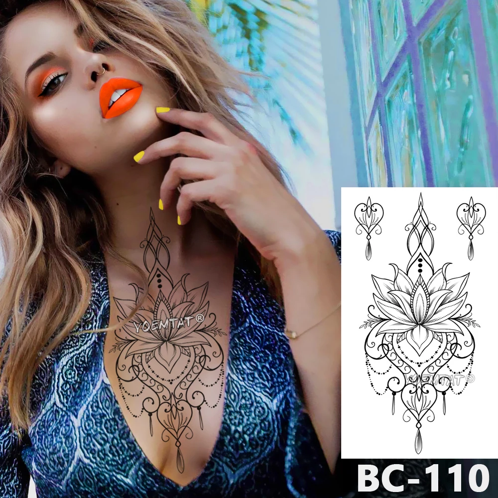 

1 Sheet Chest Body Tattoo Temporary Waterproof Jewelry Lace line modern lotus pattern Decal Waist Art Tattoo Sticker for Women