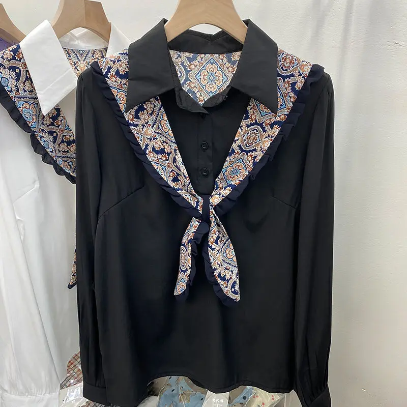 

Mingzu style silk scarf splicing white shirt women's new bubble long sleeve fashion leisure net red top