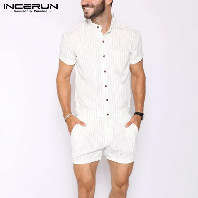 incerun striped men rompers breathable stand collar short sleeve joggers playsuits streetwear fashion men jumpsuits shorts s 5xl free global shipping