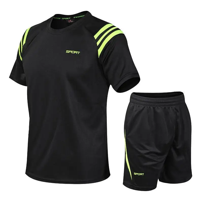 

New Men Casual Set Fashion 2 PCS Sweat Suit Short Sleeve T-shirt Shorts Sets Male Sportswear Tracksuit Summer Black Sportsuit
