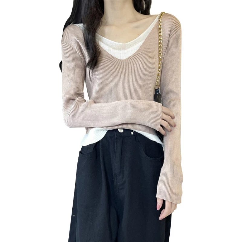 

Демисезонный кардиган с имитацией двух частей в стиле пэчворк, женский свитер, женская верхняя одежда, шикарные топы с V-образным вырезом, вя...