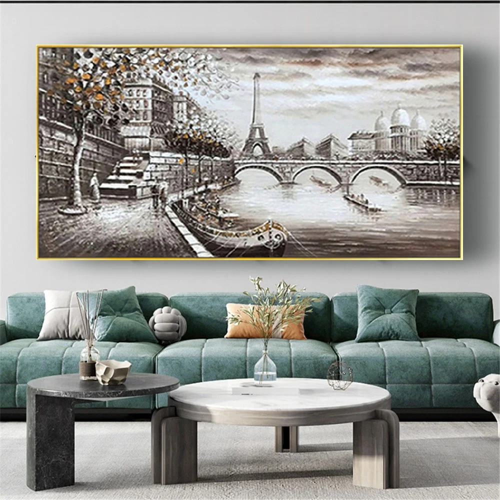 

Classical oil painting handmade abstract Black and white paris Senna canvas painting retro decoration wall art living room offic