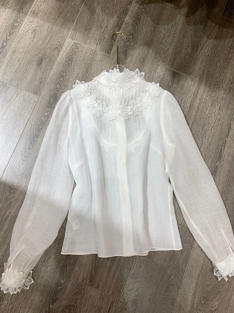 

2021 New Fashion White Butterfly Embroidery Long Sleeve Women Blouse High Quality