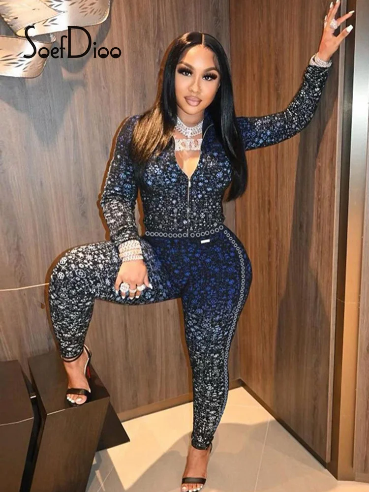 

Soefdioo Casual Printed Sweatsuits Women Zipper Long Sleeve Crop Top and Pencil Pants Two Piece Set 2022 Fashion Tracksuits