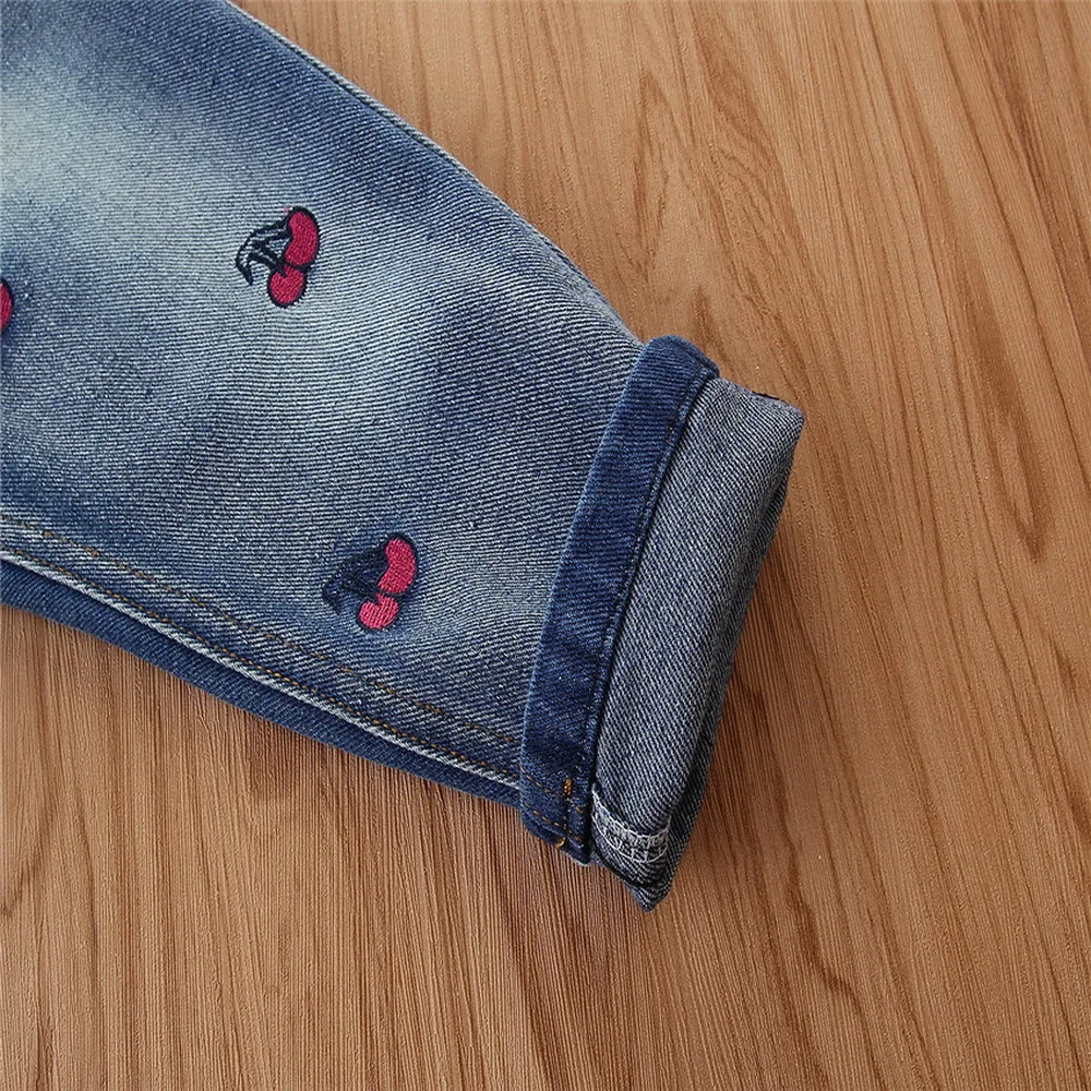 Джинсы для девочек с принтом вишни весенние детские джинсовые штаны со средней