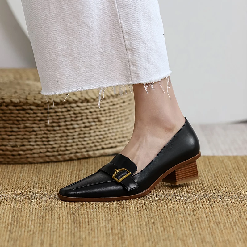 

2021 Spring Working Basic Shoes Woman Elegant Women's Loafers Genuine Leather Thick Botton poined Toe Shoes Woman Heels