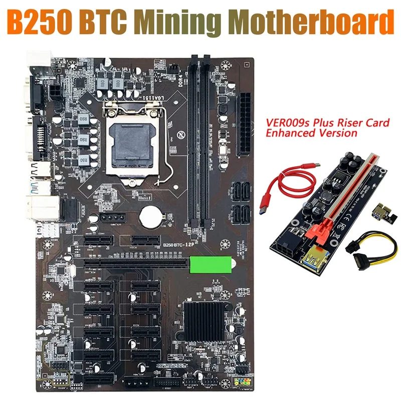 

Материнская плата для майнинга B250 BTC с переходной картой 009S Plus, улучшенная версия 12x, слот для графической карты LGA 1151 DDR4 для майнинга BTC