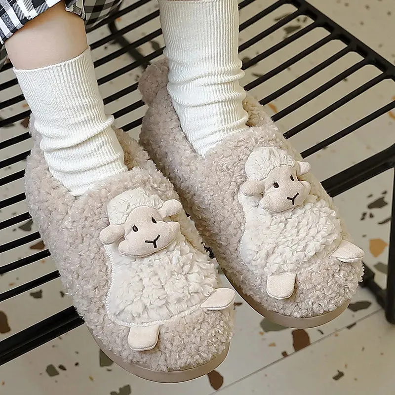 

Cute Cartoon Beige lamb Light Non-Slip Couple Slides Korean Indoor Slip-On Women Home Shoes Cotton Fabric Winter Furry Slippers