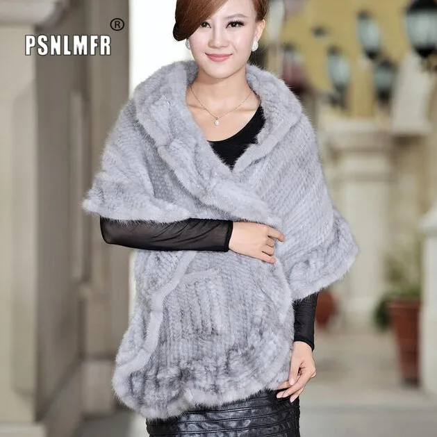 

Women's winter real mink fur cape outerwear luxury knitted mink fur pashmina bride fur shawls women ladies party wrap