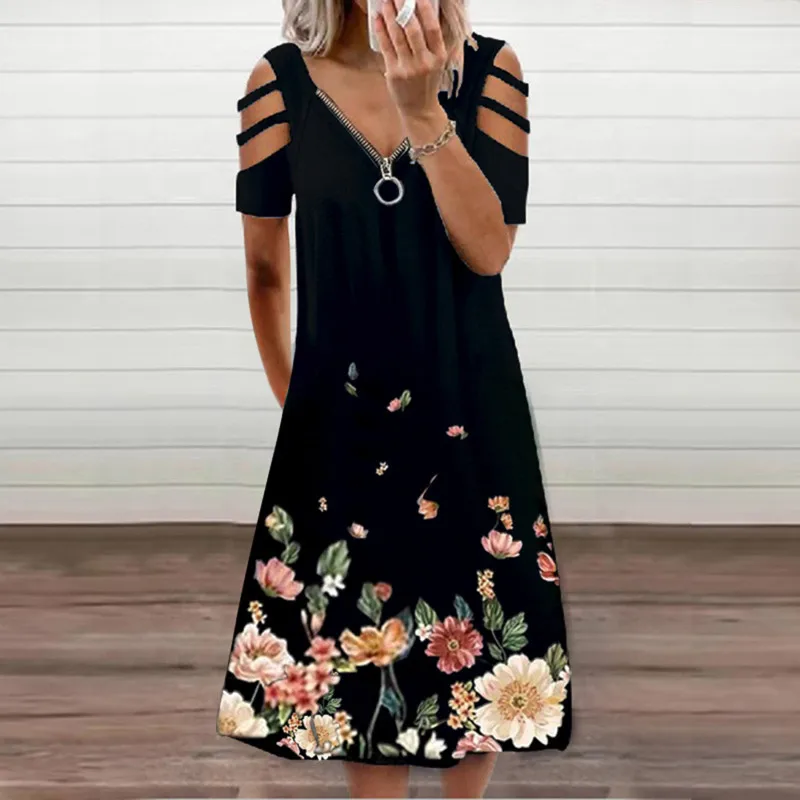 

Summer Dress Women Casual V-Neck Short Sleeve Print Dress Party Dresses For Female Beach Dress With Zipper For Lady