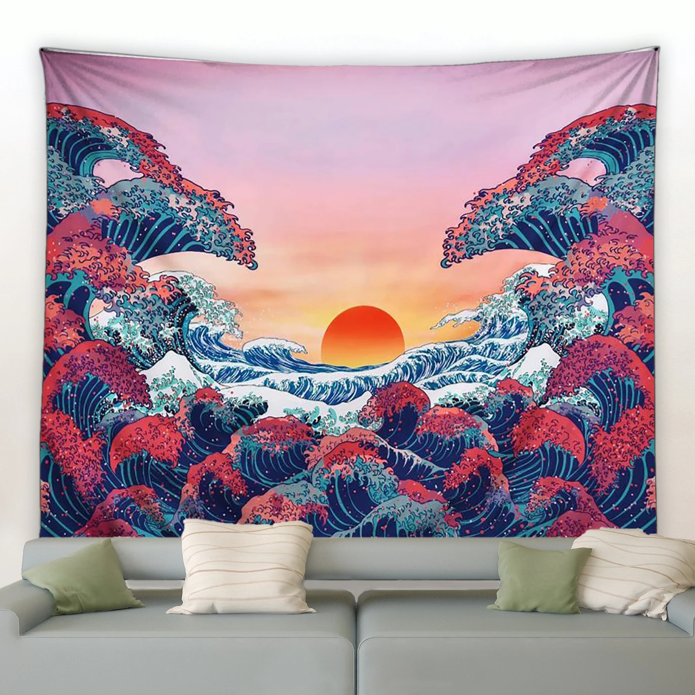 Гобелен с океанскими волнами настенное Одеяло С закатом объемная акварельная