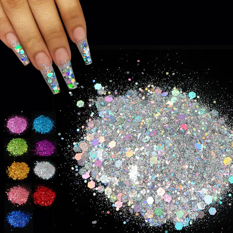 

50g Iridescent Nail Art Sequins Laser Gold Silver Glitter DIY Chrome Powder Sparkly Hexagon Chunky Flakes Manicures Decorations