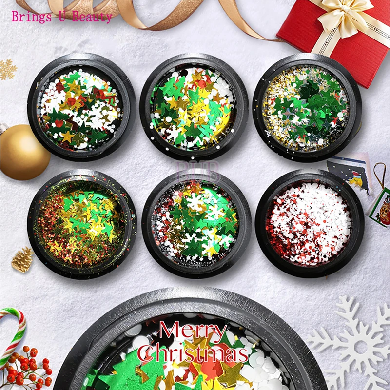 6 коробок голографический Рождественский Декор для ногтей снежинки дерево