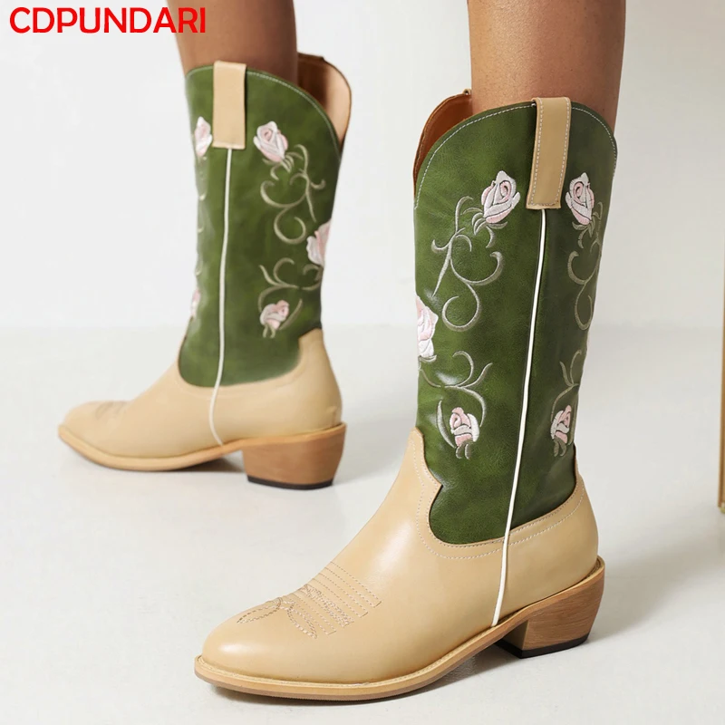 

2022 Embroidered Floral Med Heels Calf Boots Women Autumn Winter Punk Western Cowgirl Boots Party Shoes Botas Camperas Mujer
