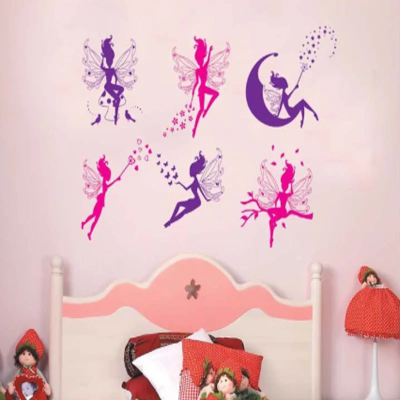 

Cartoon six little fairy wall sticker for kids girls room home decor diy art background decals decorations cute Elf stickers