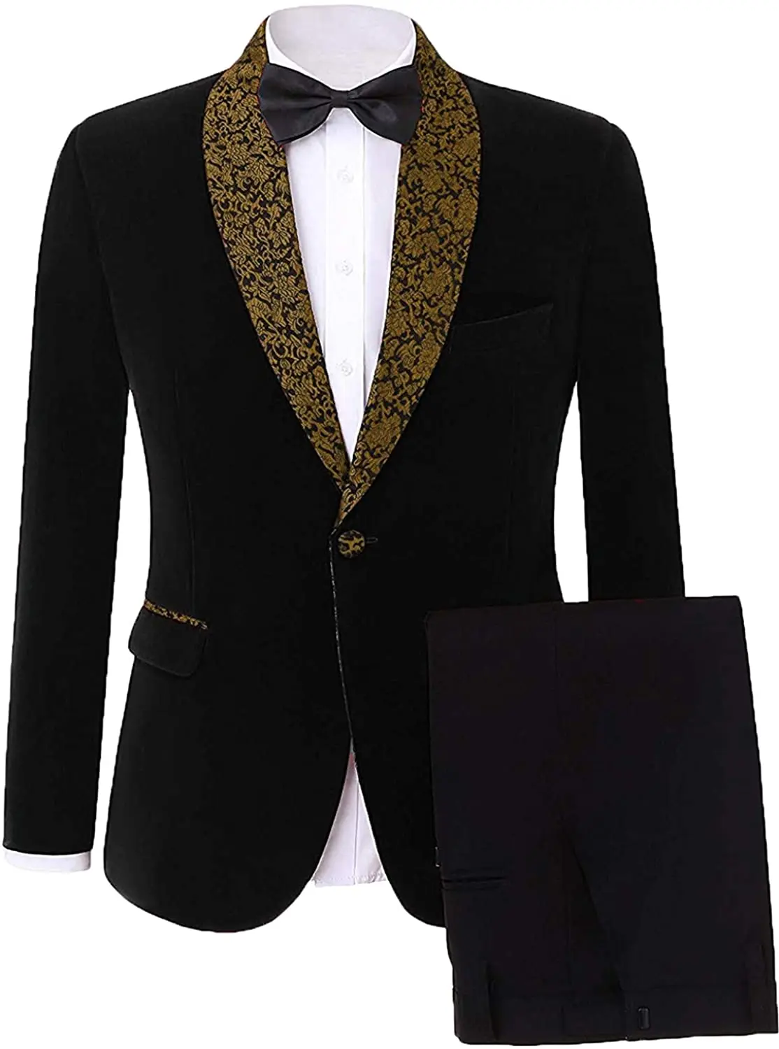 Mens Velvet Blazers and Sport Coats 2 Piece Slim Fit Gold Shawl Lapel Suit for Prom Party