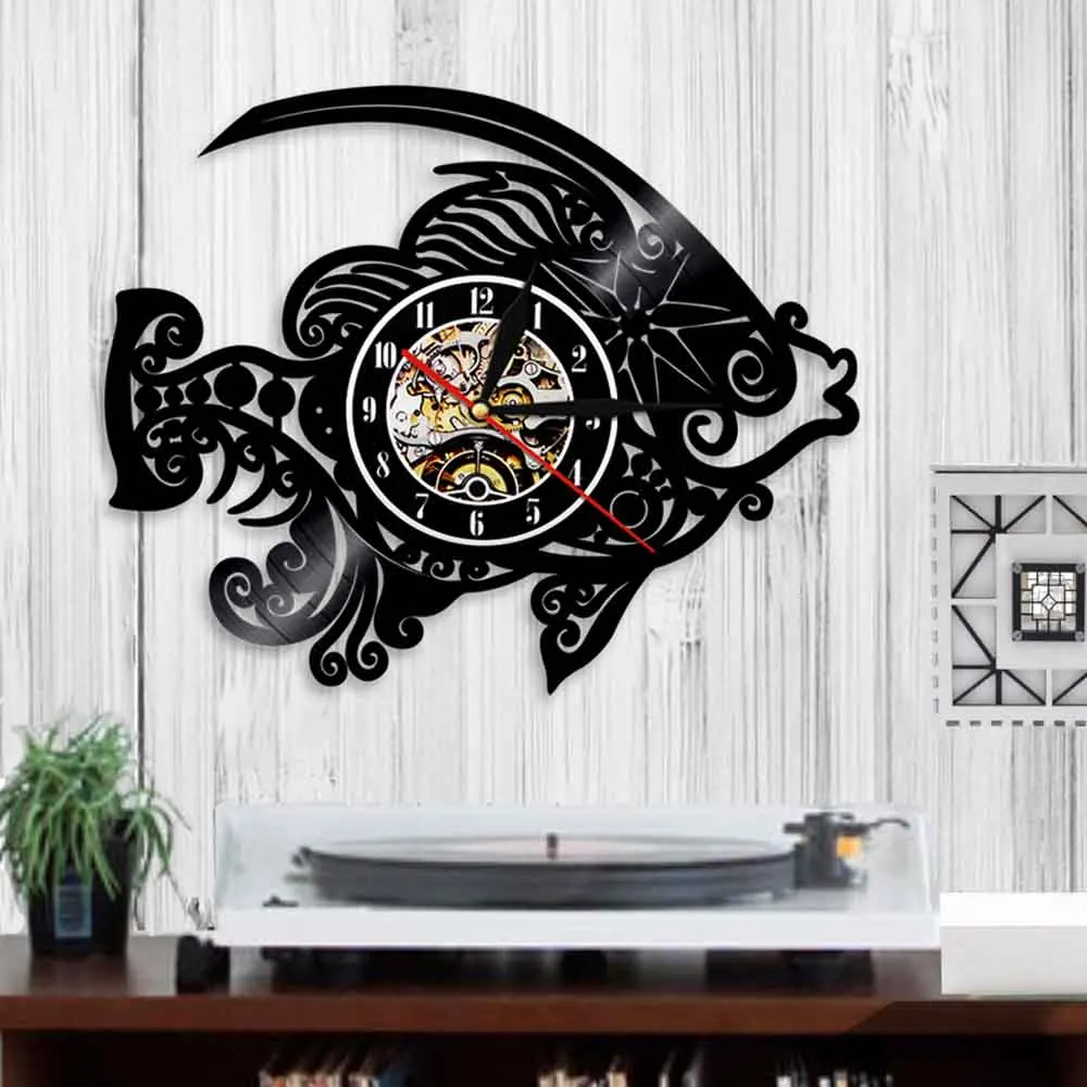 Настенные часы с рыбками виниловые ручной работы креативные для домашнего