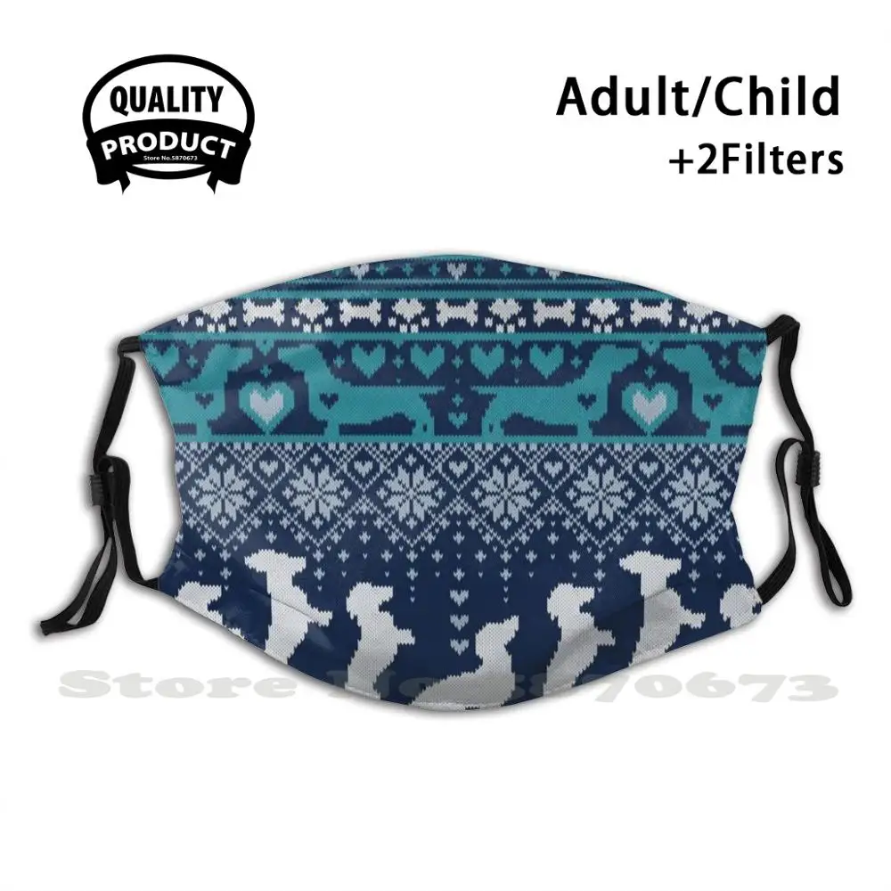 

Fair Isle Knitting Doxie Love // Navy Blue Background White And Teal Dachshunds Dogs Bones Paws And Hearts Diy Adult Kids Face