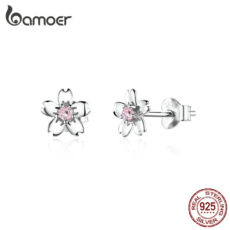 

bamoer Pink Cherry Flower Stud Earrings for Women 925 Sterling Silver Cute Korean Girls Earings Accessories Oreilles SCE784