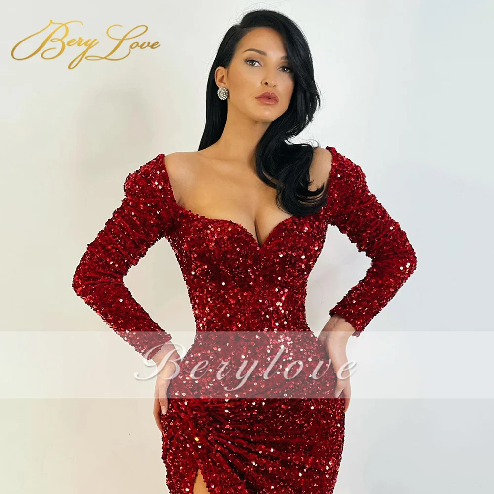 

Berylove Black Prom Dresses Long Sequin Evening Gown Sexy Sweetheart Party Dress Side Slit Court Train Formal Robe de soiree