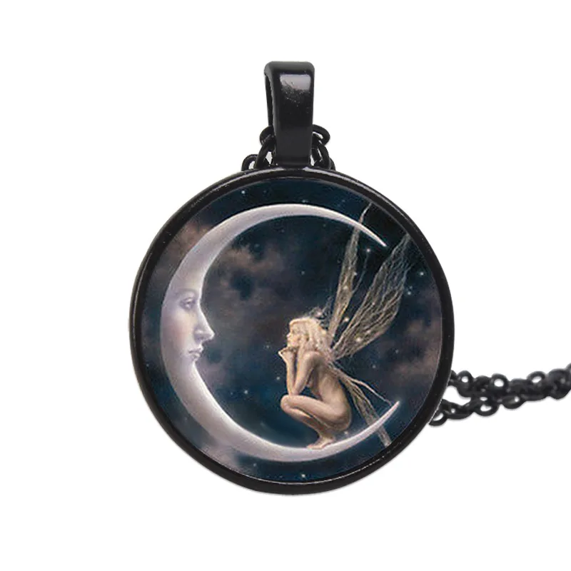 

HADAS Goticas Angel on Moon Art Photo Tibet Silver Kabuchin Glass Pendant Necklace Men's and Women's Fashion Jewelry