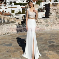 two pieces wedding dresses for women chic side slit strapless sleeveless floor length bridal gown sheath button applique bohemia