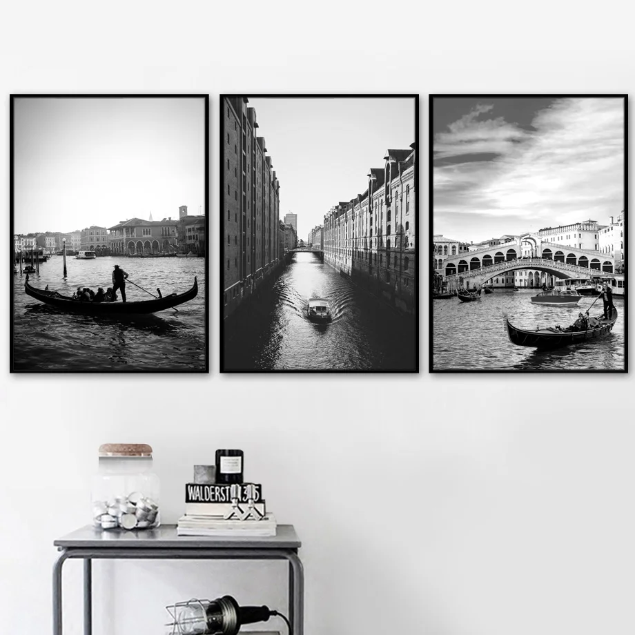 Черно белый Венецианский городской мост пейзаж настенная живопись холст