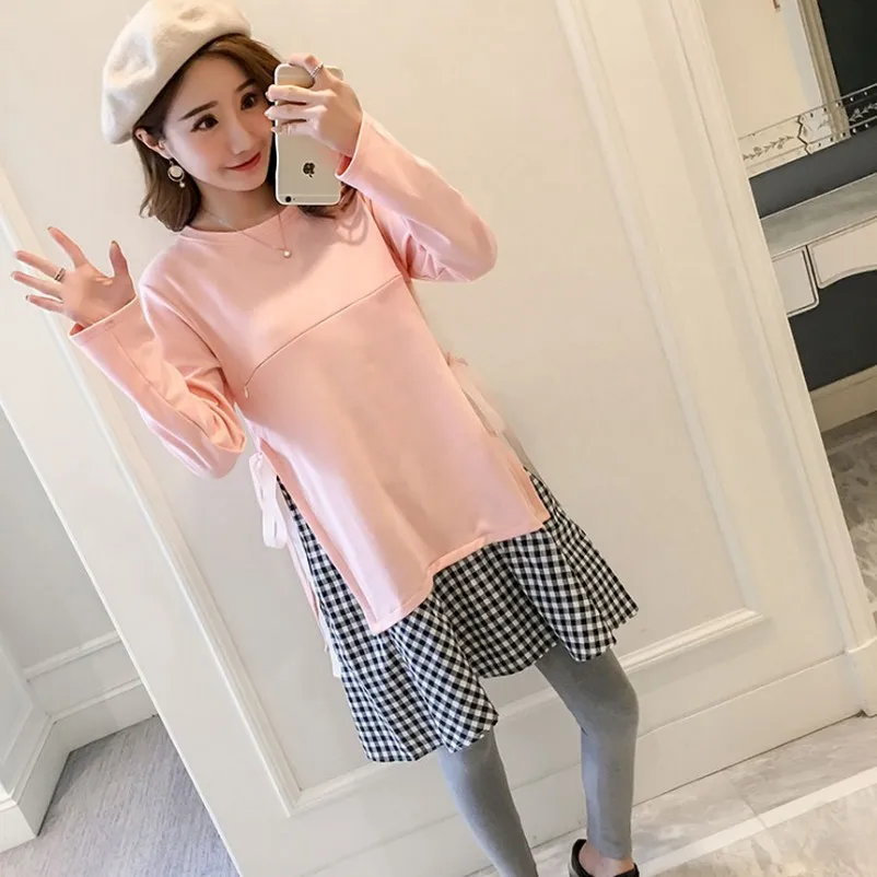 Лоскутная полосатая одежда для беременных Платье кормящих матерей осенняя