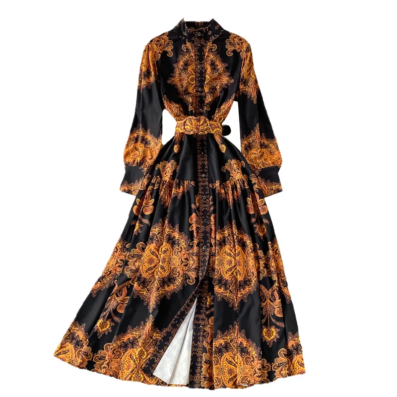 

Bohemian Totem Print Women Dress Ladies Elegant Full Sleeve Waist Slim Stand Collar Dress Girls Big Swing Long Dresses