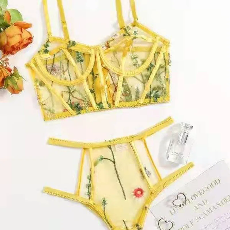 

Yimunancy 2- Pieces Sexy Lingerie Floral Embrodiery Lace Sensual Lingerie Set Woman Transparent Bra Women's Lingerie Set