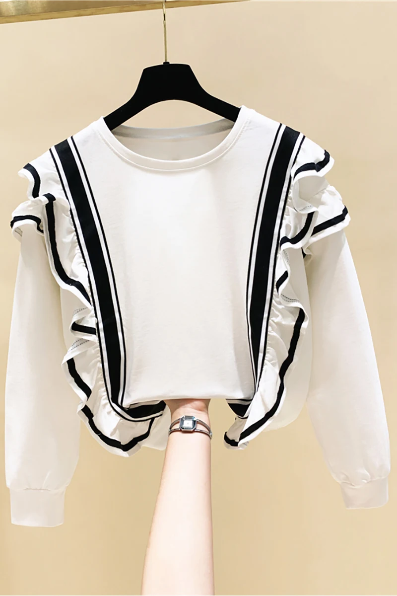 

Ruffles Patchwork Solid O Neck Pullover 2020 Autumn and Winter New Loose Sweatshirt Women