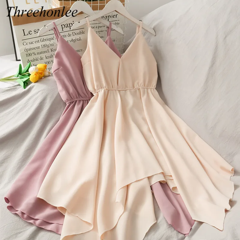 

Женское асимметричное платье с открытой спиной, однотонное пляжное платье в стиле бохо с V-образным вырезом и регулируемыми бретельками, ле...