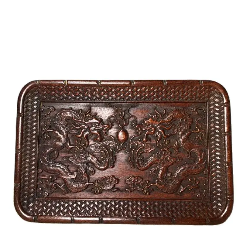 

China Old Beijing Old Goods Redwood Carved Carvings 【Shuanglongxizhu】 Picture The Tea Tray Decorated Square Plate