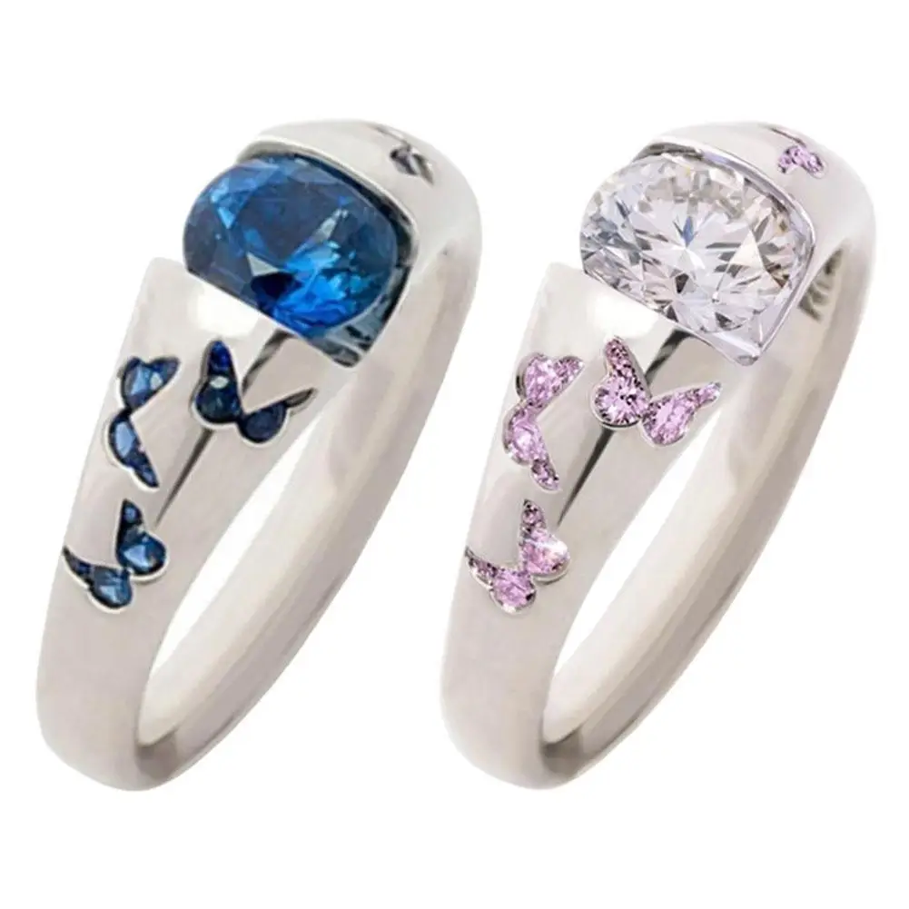 Серебряное кольцо со стразами и драгоценными камнями в виде бабочки с синим