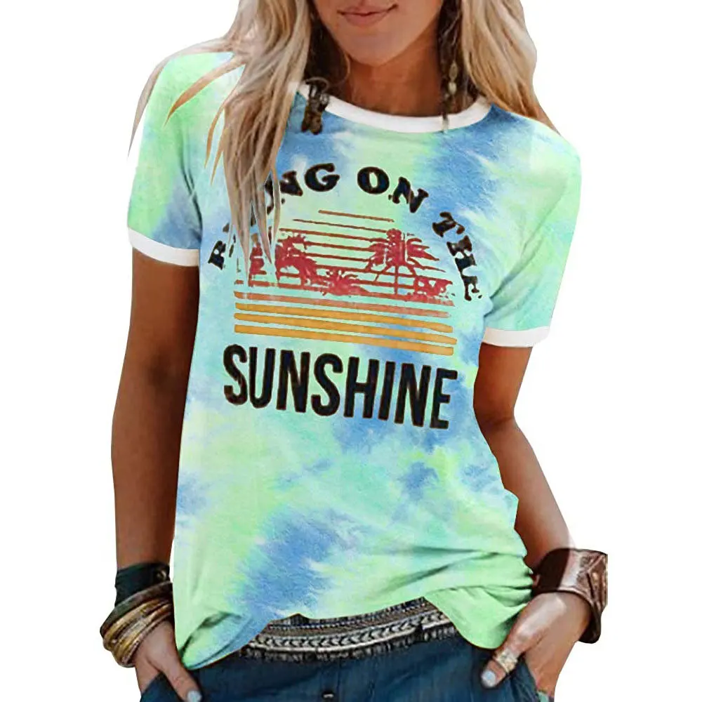 

Tie-dye Female Graphic Tees Coconut Tree Pattern Printing Tshirt Kawaii Vintage Clothes Woman 2021 Floral Summer Gray