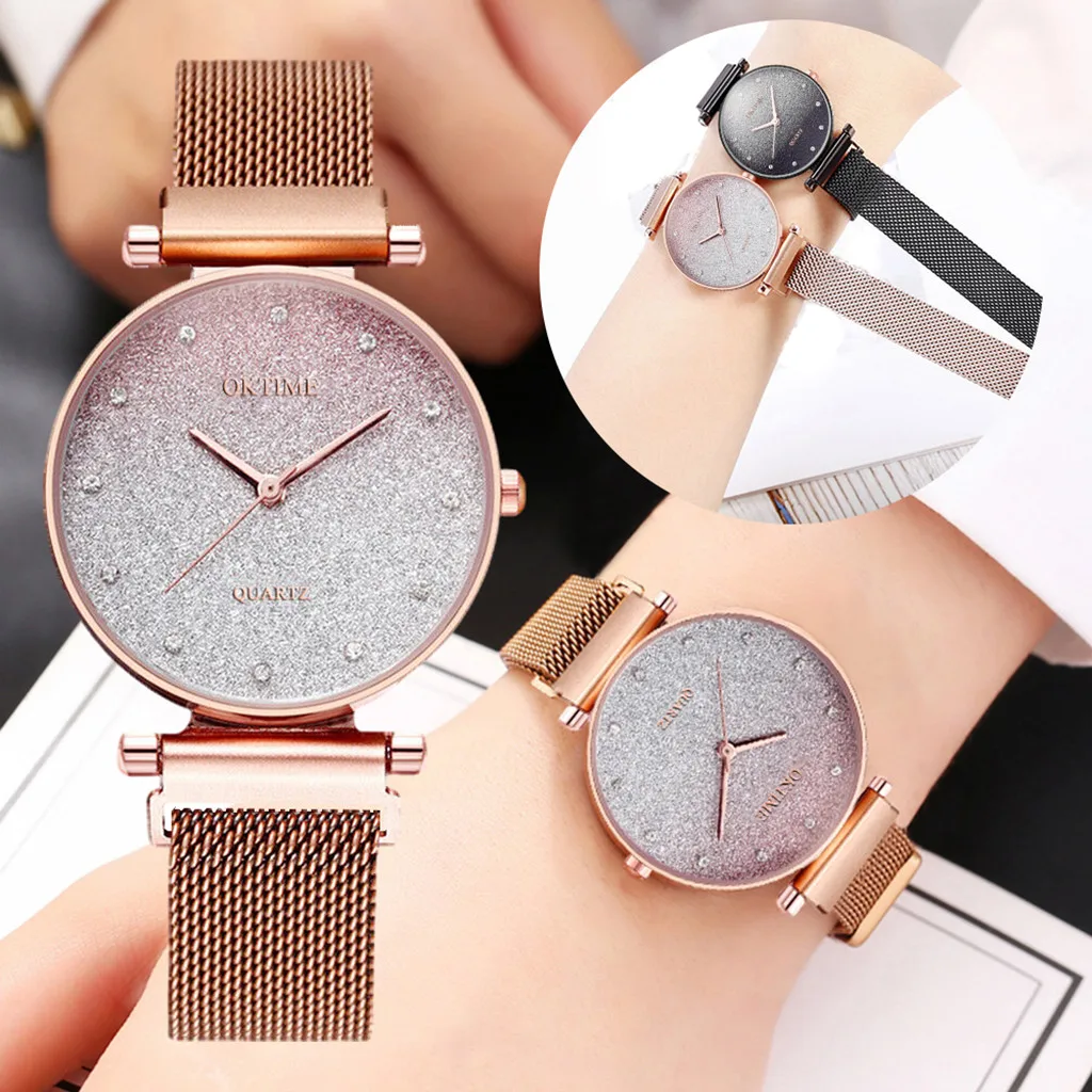 

Women Watch Bracelet Silver Stainless Steel Starry Sky Magnetic Mesh Strap Women's Quartz Diamond Wristwatch Luxury Watches 2021
